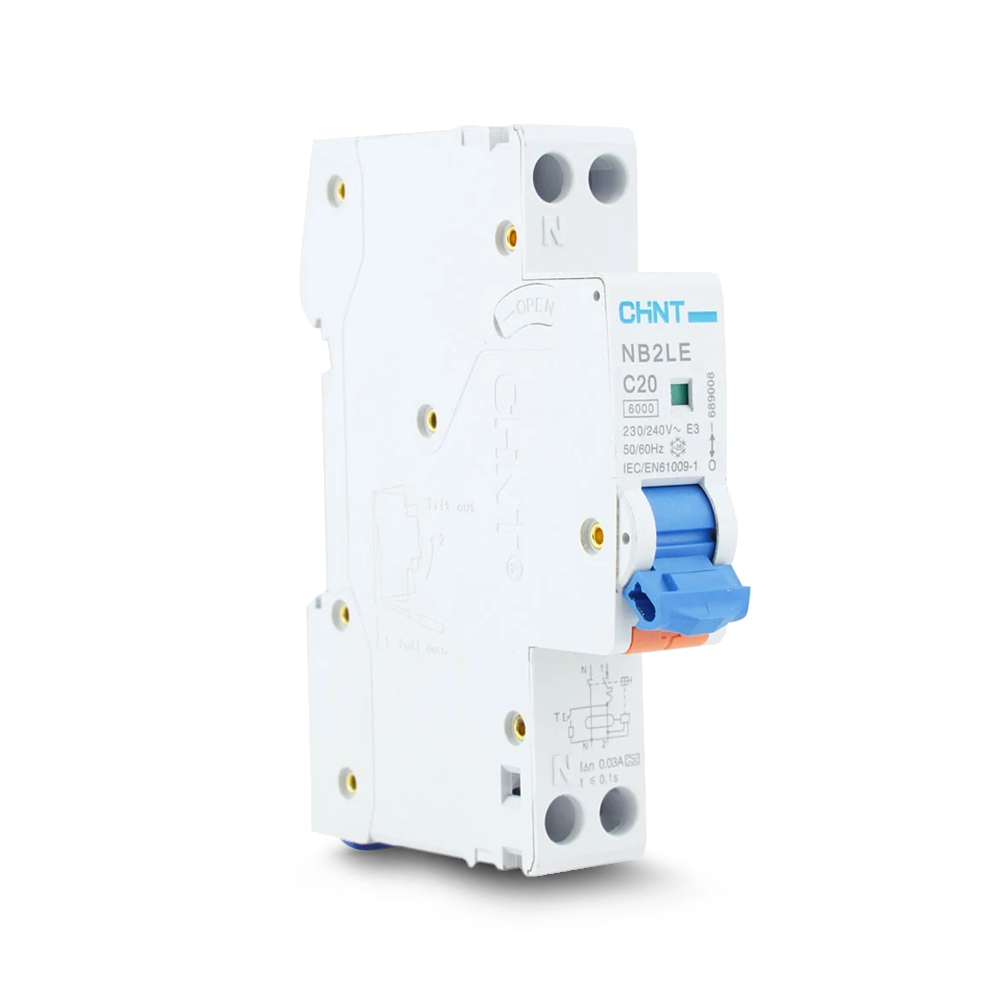 [MFQ-023-0105132] Chint aardlekautomaat 1-fase, 1-polig+nul 20A C-kar 30mA 6kA type AC (NB2LE 1PN C20) - 689003
