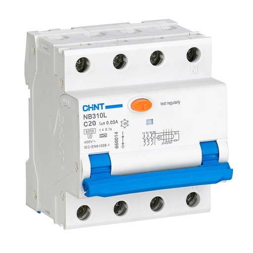 [MFQ-023-0105145] Chint aardlekautomaat 3-fase, 3-polig+nul 20A C-kar 30mA 6kA type A (NB310L 3PN C20) - 660014