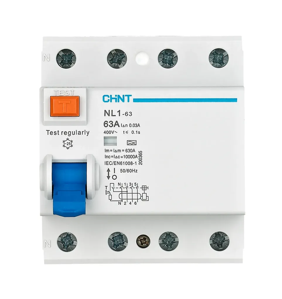 Chint aardlekschakelaar 3-fase, 3-polig+nul 63A 30mA Type A 6kA (RCCB NL1-63 4P 63A 30mA) - 200535