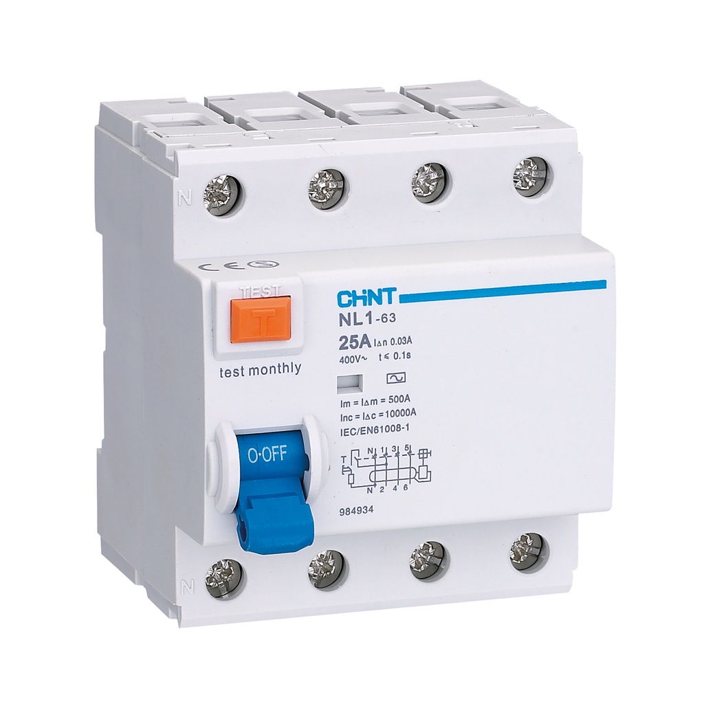 Chint aardlekschakelaar 3-fase, 4-polig 80A 30mA Type A 6kA DB AX (NL-100 4P 80A) - 397610