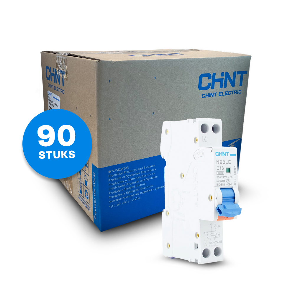 Chint aardlekautomaat 1-fase, 1-polig+nul 16A C-kar 30mA 6kA  doos (90 stuks) (NB2LE-C16) - 689007