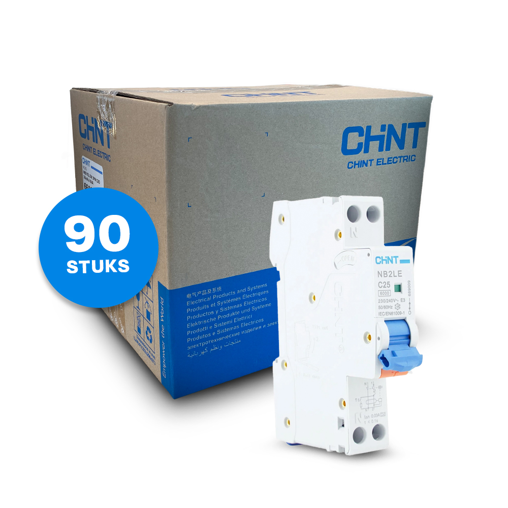 Chint aardlekautomaat 1-fase, 1-polig+nul 25A C-kar 30mA 6kA  doos (90 stuks) (NB2LE-C25) - 689009