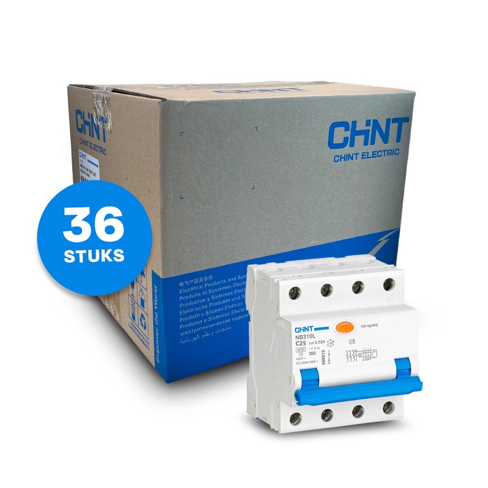Chint aardlekautomaat 3-fase, 3-polig+nul 25A C-kar 30mA 6kA doos (36 stuks) (NB310L-3N-C25) - 660015